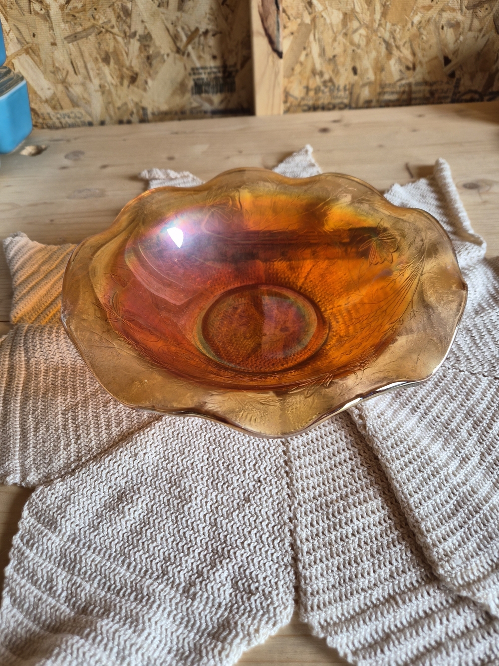 Vintage Carnival Glass Ruffled Bowl Iridescent Amber Marigold 10”Antique
